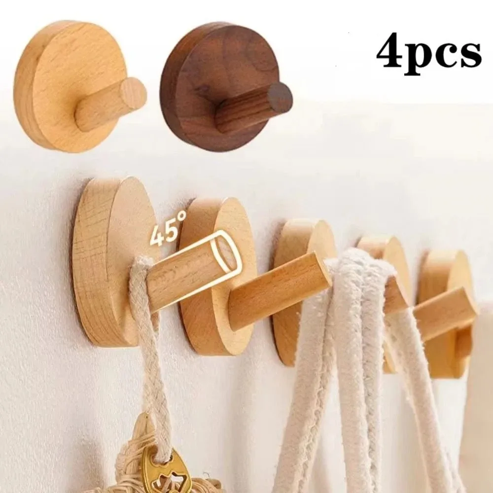 

4pcs Beech Walnut Wood Wood Hook Punch Free Simple Design Hanging Hanger Solid Wood Wood Handle Towel Hook Bedroom Storage