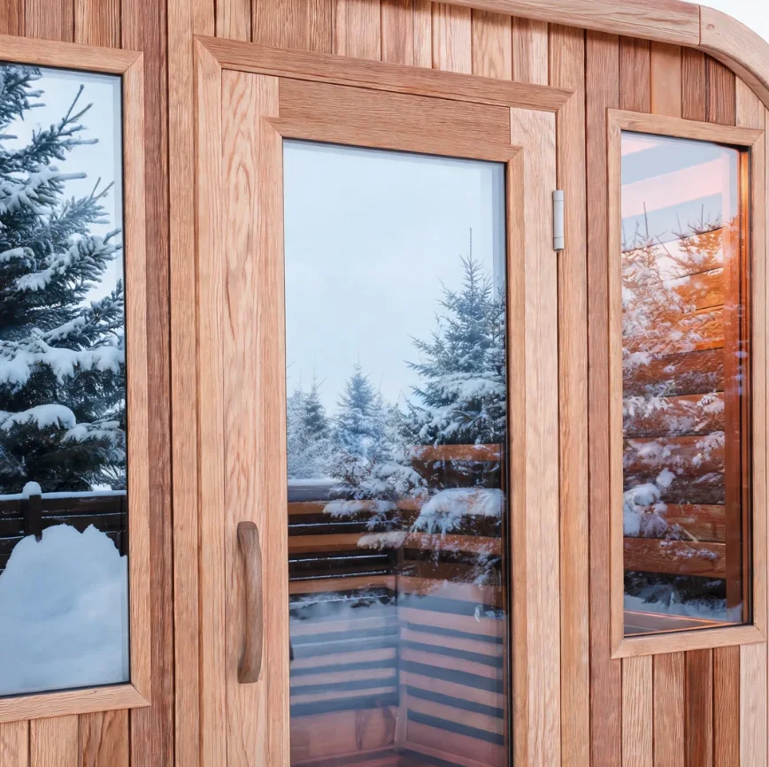 Premium Canadian Red Cedar Backyard Sauna Room All Weather Family Health Spa Cabin Designed With Transparent Front Glass Window