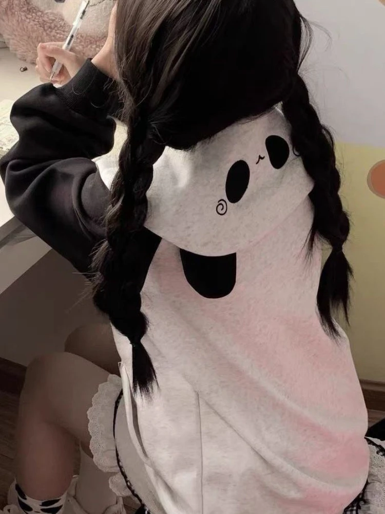 Kawaii Panda Collar Tops Women Japanese Hoodies Streetwear Vintage Sweatshirts Y2k Aesthetic Casual Cartoon Printing Coats