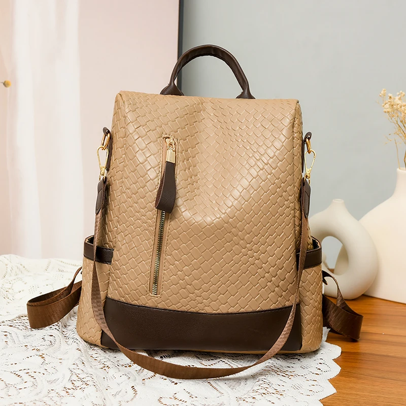 New Women\'s Anti-Theft Backpack For Spring Large Capacity Soft Leather Travel Backpack Woven Pattern Street Trend Shoulder Bag