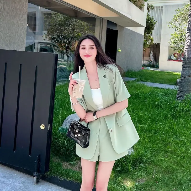 Women Summer New Casual Short Sleeved Blazers Coat Two-piece Korean Elegant Fashion Professional Suit Jacket Shorts Matching Set