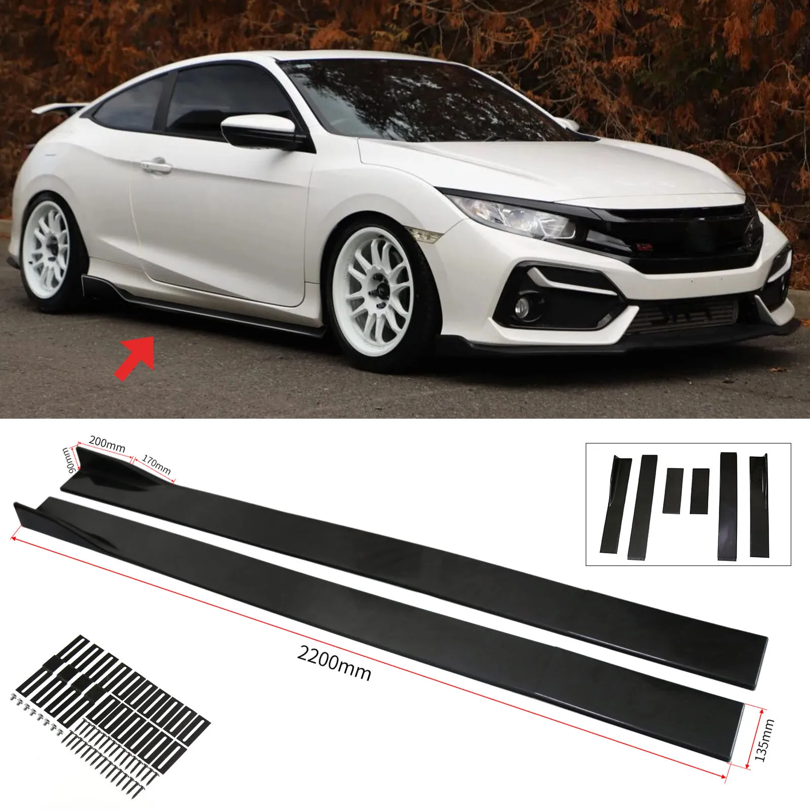 

For Honda Civic Coupe 86.6"/2.2m Side Skirt Extension Rocker Panel Lip