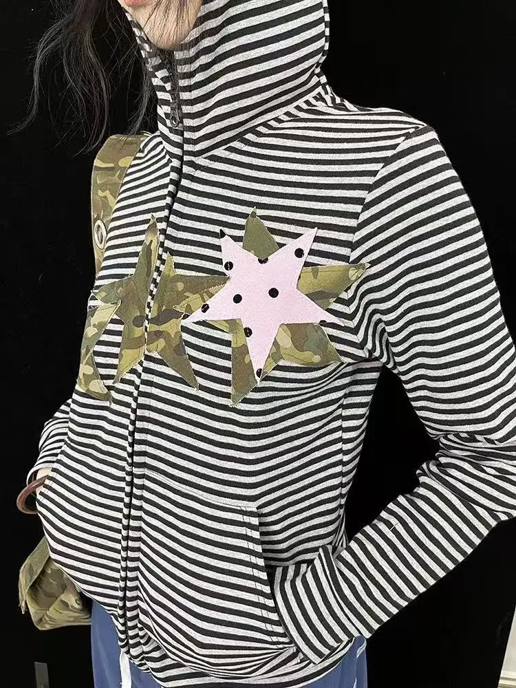 

Retro American Camouflage Striped Hoodie Women's Slim Fit Design Short Cardigan Jacket Autumn Fashion Korean Style Long Sleeve