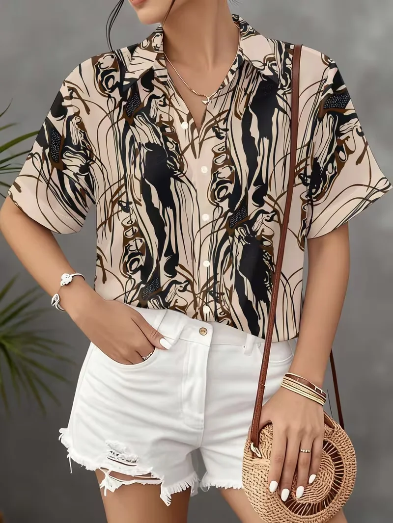 

New 2026 Summer Office Ladies Shirts Fashion Abstract Printed Women's Blouses Loose Casual Button Short Sleeve Tops Blusas Mujer