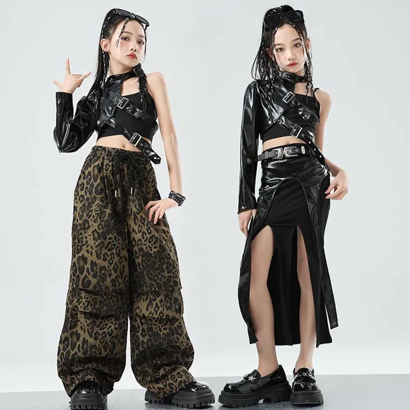 Kind Jazz Dance Kleidung Mädchen Kpop Bühne Outfit Schwarz Einarm Jacke Hip Hop Leopard Hosen Modenschau Kinder Kleidung 1701