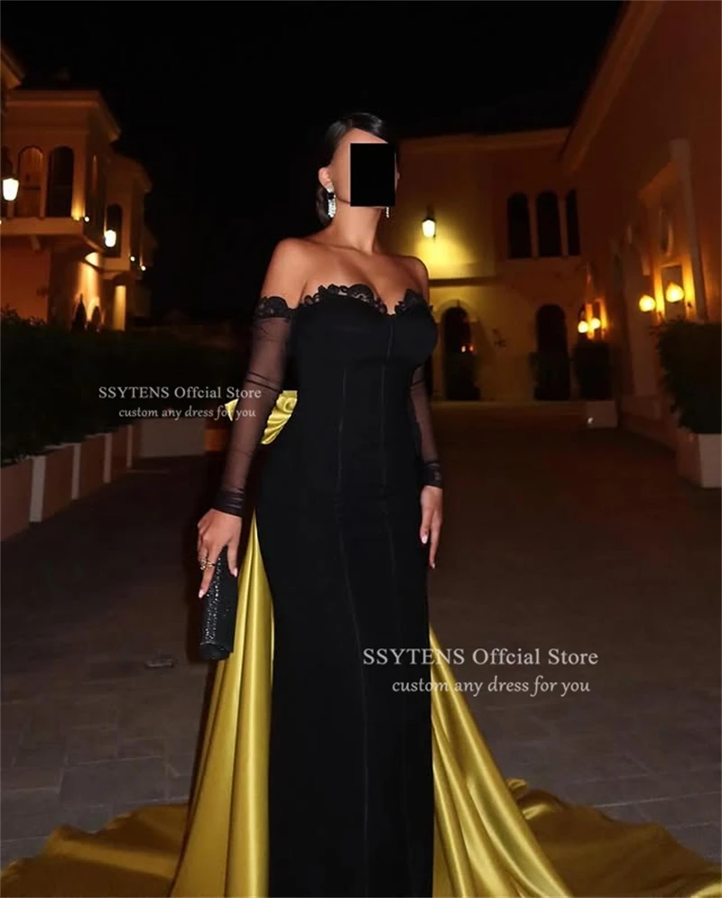 Ssytens preto vestidos de noite sereia querida longo vestidos de baile mulher trem ouro árabe saudita gala vestidos de baile 2025 personalizado