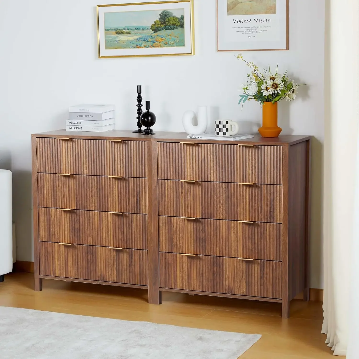 4 Drawer Double Dressers for Bedroom with Waveform Fluted Panel Design, Modern Wide Chest of Drawers