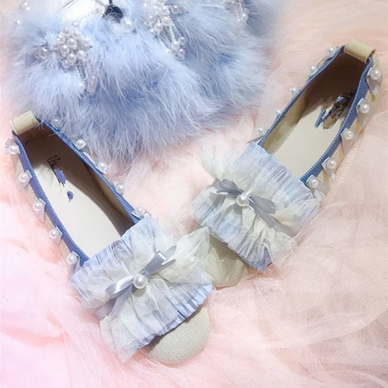 

Lolita Lace Maid Sweet Lace Pearl Flat Heel Shallow Mouth Kawaii Girl Cosplay Shoes Comfortable Women Shoes Loli Cos Lolita