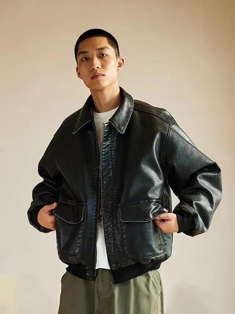 Mauroicardi Spring Cool Handsome Oversized Vintage Distressed Black Pu Leather Jacket Men Pockets Luxury Designer Clothes 2024