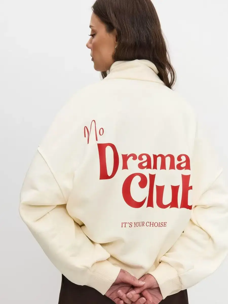 

No Drama Club Printing Letter Half Zip Sweatshirt Women Clothing Preppy Style Long Sleeve Casual Pullovers Light Yellow Spring
