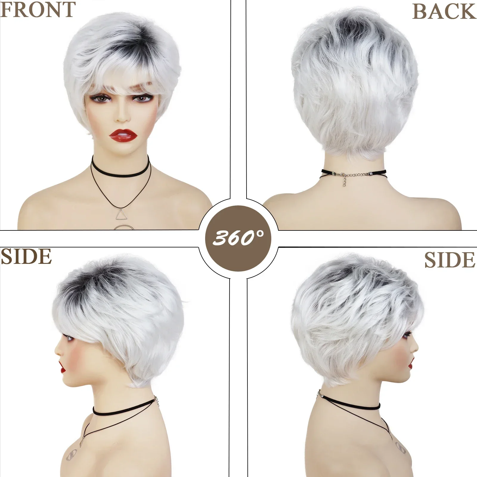 Synthetisches Haar silberweiße Perücken für Frauen schwarze Wurzel kurze Haarschnitte natürliche Perücken Pixie Cut alte Dame Perücke Oma Grey Blanche Perücke