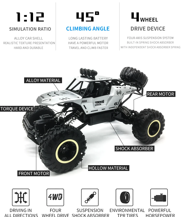 9268-1:12 4WD RC Car With Led Lights 2.4G Radio Remote Control Cars Buggy Off-Road Control Trucks Boys Toys for Children