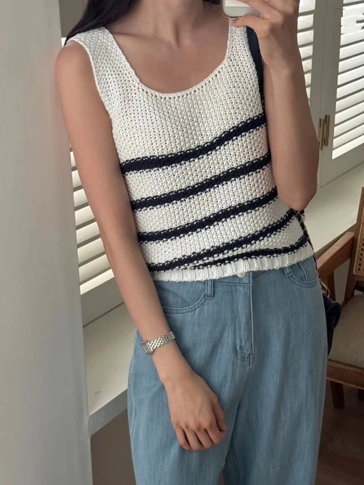Patchwork Striped Knitted Vest Women Summer Vintage Sleeveless Crop Tops Korean Chic Casual Versatile Sweater Pullover