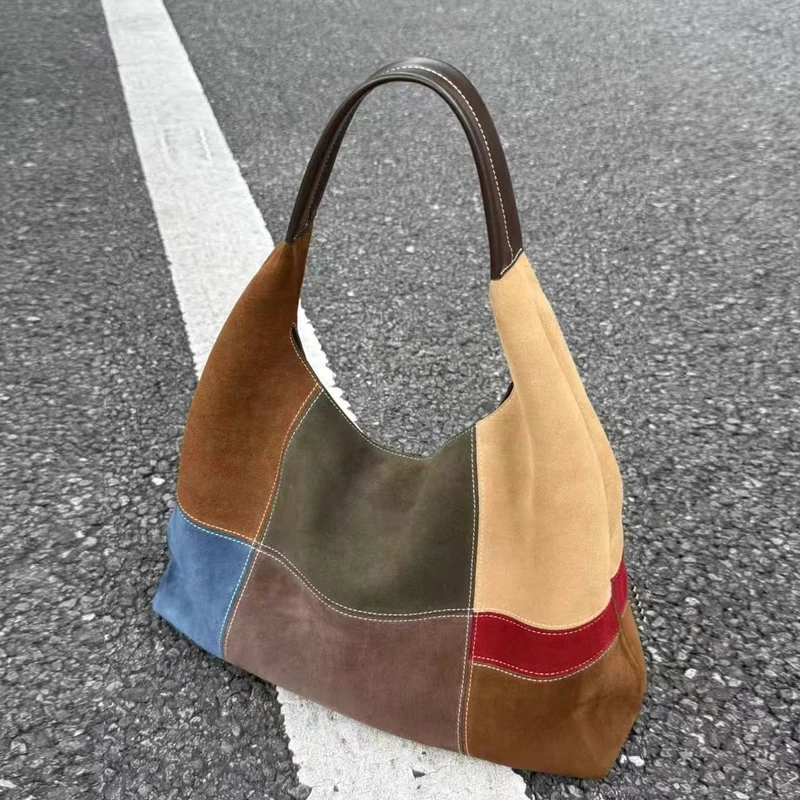 

Faux Suede Tote Bag For Women Luxury Designer Handbag Purse 2025 New In Splicing Color Blocking Large Capacity Underarm Shoulder