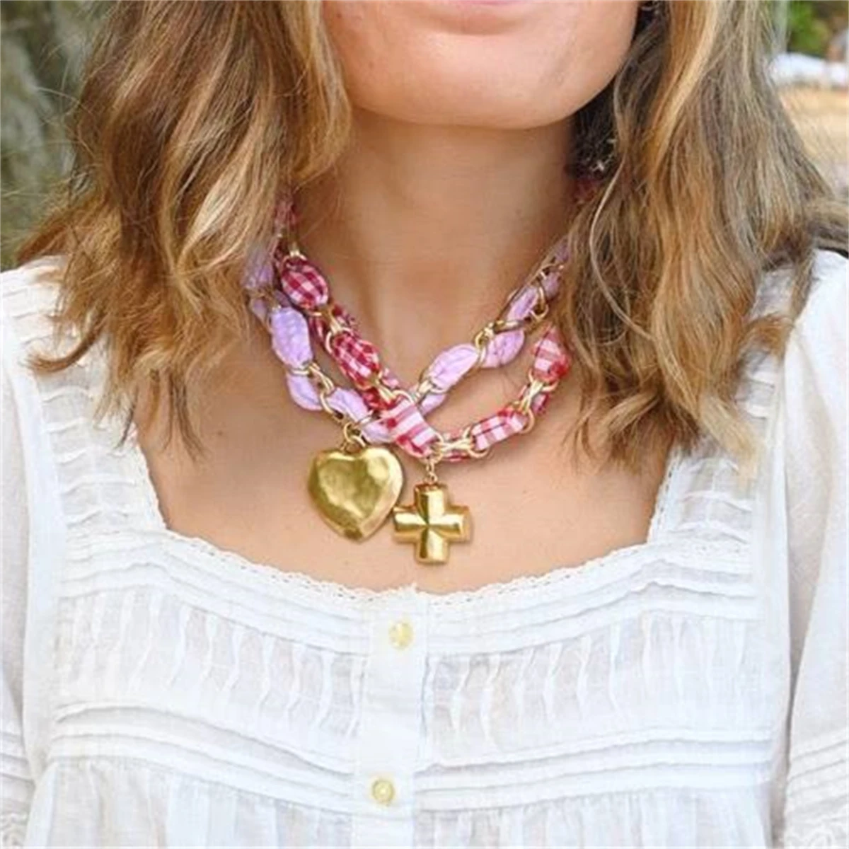 New Personalized Necklace Cross Pendant Silk Scarf Cloth Strip Necklace Plated 18k Gold Color Preserving
