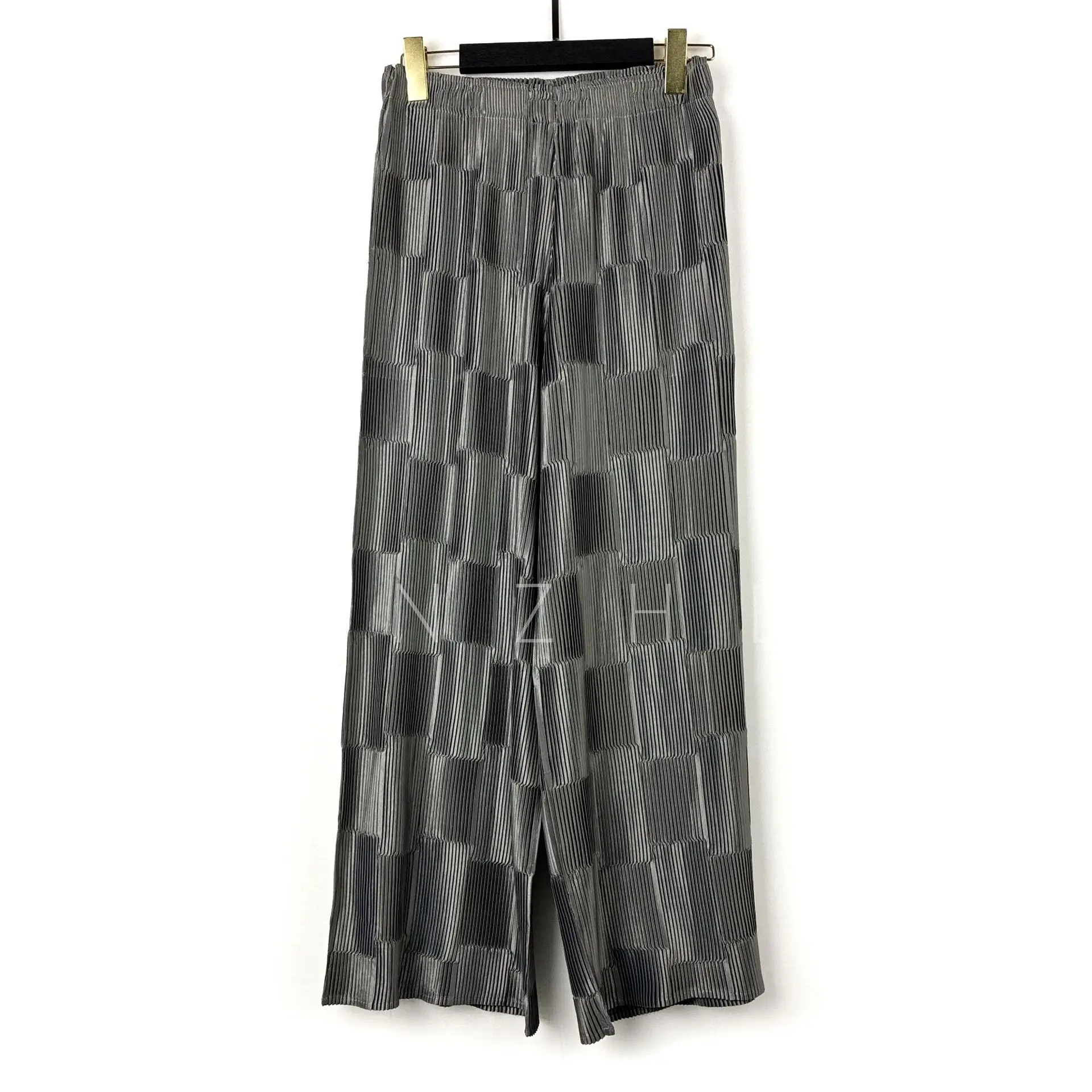 Miyake Style Patchwork Pleated Wide Leg Pants Women Elastic Waist Loose Straight Wrinkle‑Resistant Casual Trousers