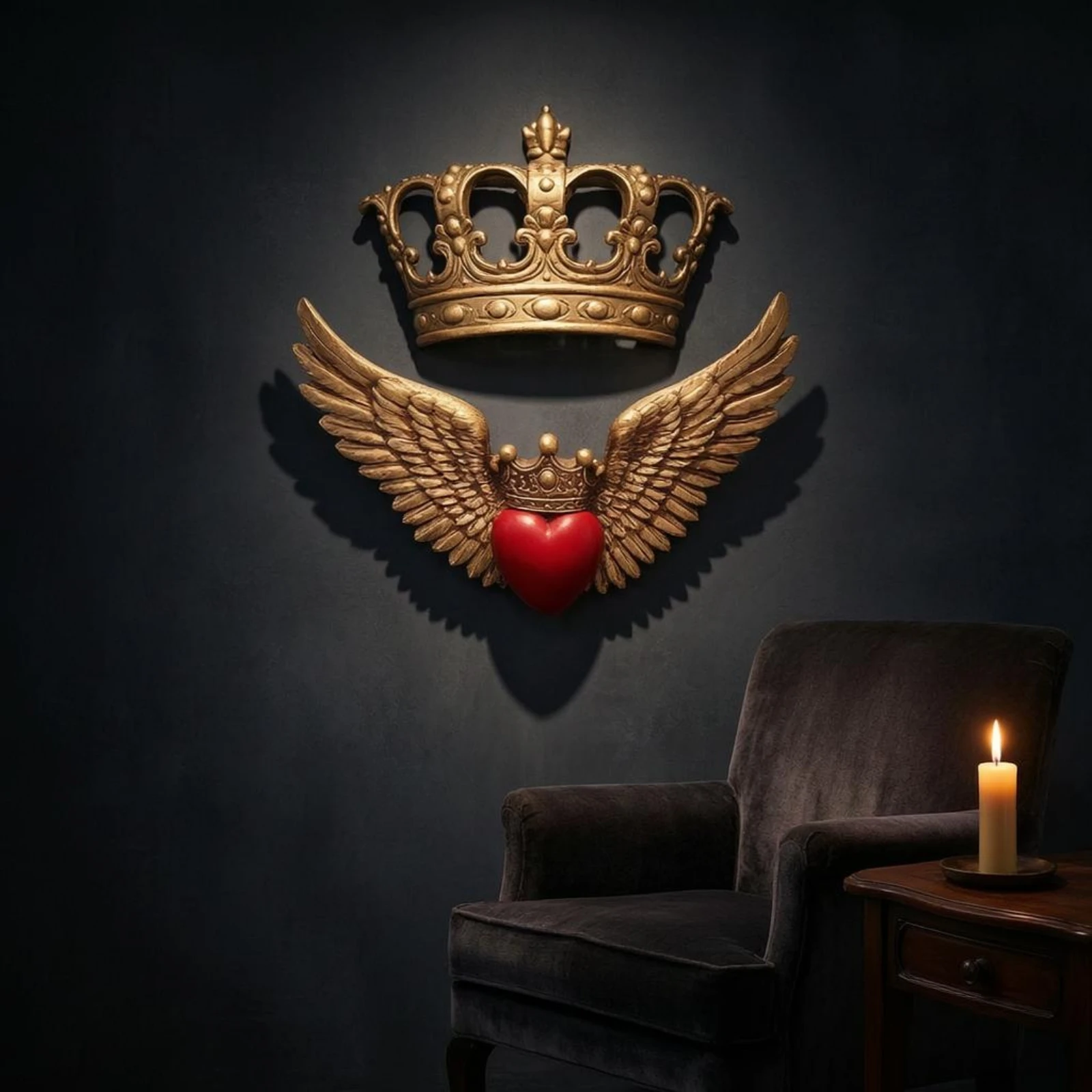 Heart Crown Decoration Raised Feather Detail Angel Wing Plaque Heart Wing Wall Decor Embossed