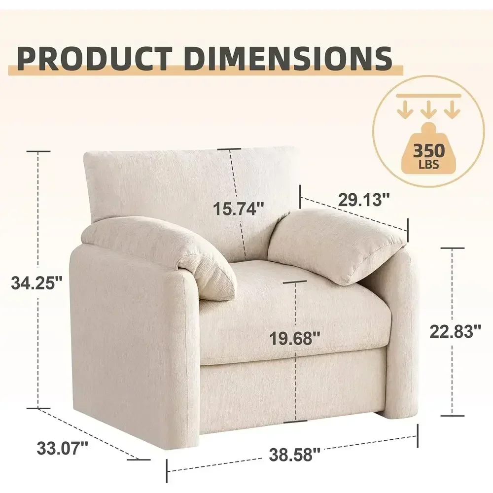 Oversized Armchair, 38.6 Wide, Century-Style Reading Chair, Comfy Living Room & Bedroom Lounge Chair, Beige