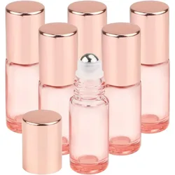 10pcs 5ml Pink Glass Roller Bottles With Rose Gold Lids Stainless Steel for Essential Oils Perfume Cosmetic Liquid