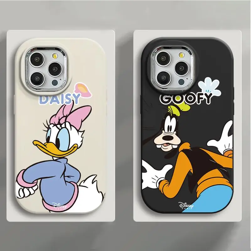 Plating Metal Lens Phone Case for iPhone 15 14 13 12 11 Pro Max Plus Solid Color Liquid Cover Goofy Saisy Donald Duck Pluto