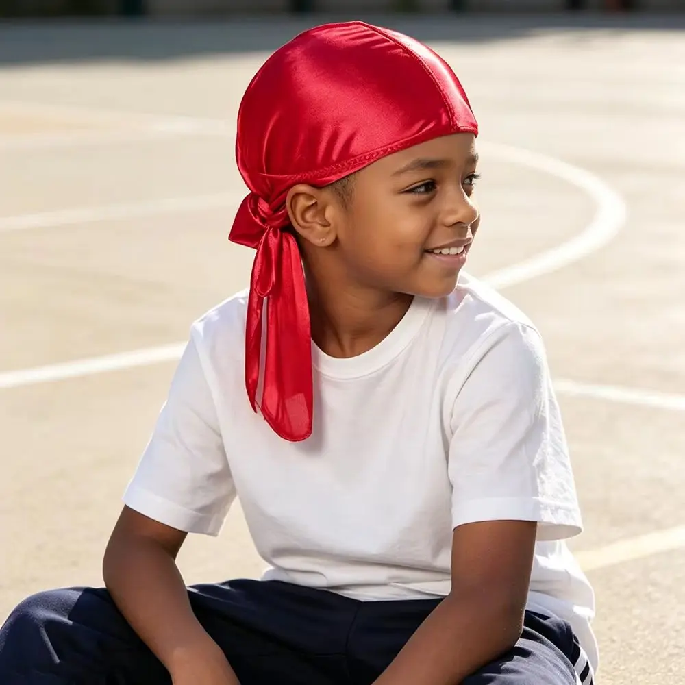 Children Satin Durag Girls Boys Hip Hop Bandanas Silky DuRag Elastic Headwear Chemo Bonnet Pirate Hat Hair Styling Tools