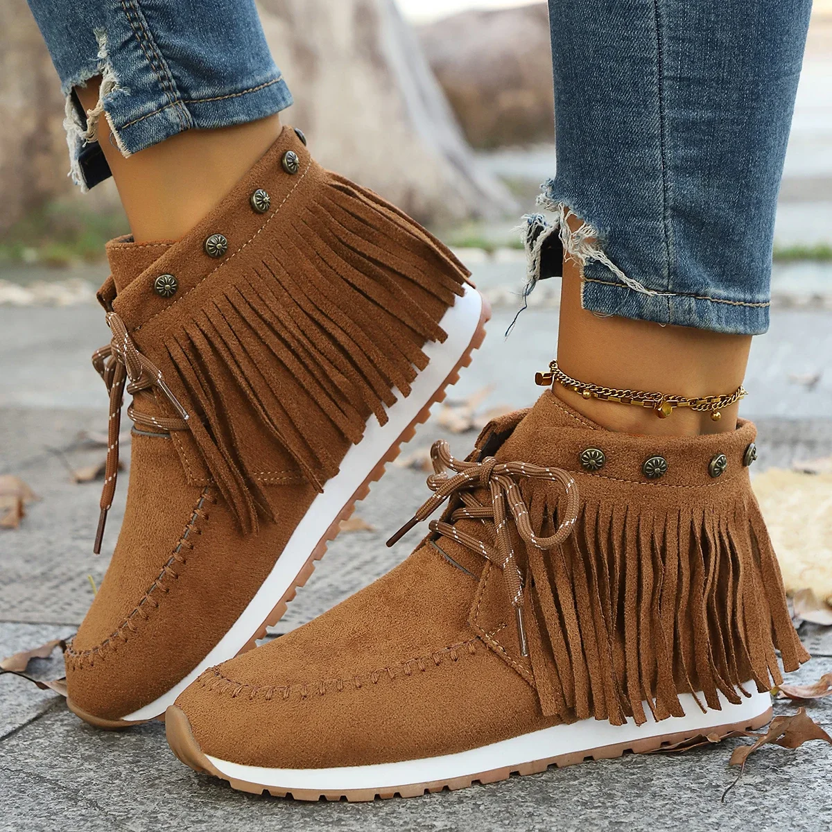 

Pop Vintage Tassel Lace-up Ankle Boots For Women Autumn Winter Pointed Toe Cowgirl Boots Woman Suede Western Cowboy Chelsea Boot