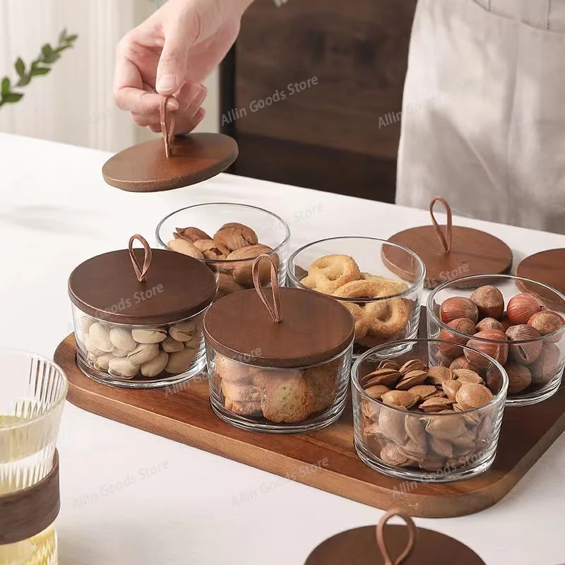 Japanese Dried Fruit Plate Snack Storage Dish Household Tableware Snack Plate Glass Bowl with Wooden Tray Lid