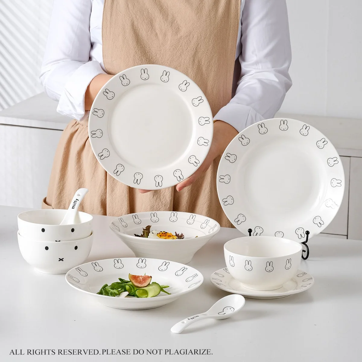Kawaii Miffy Ceramic Bowls Plates Cute Cartoon Miffy Tableware with Simple Lines Ceramic Plates for Household Use As Dinnerware