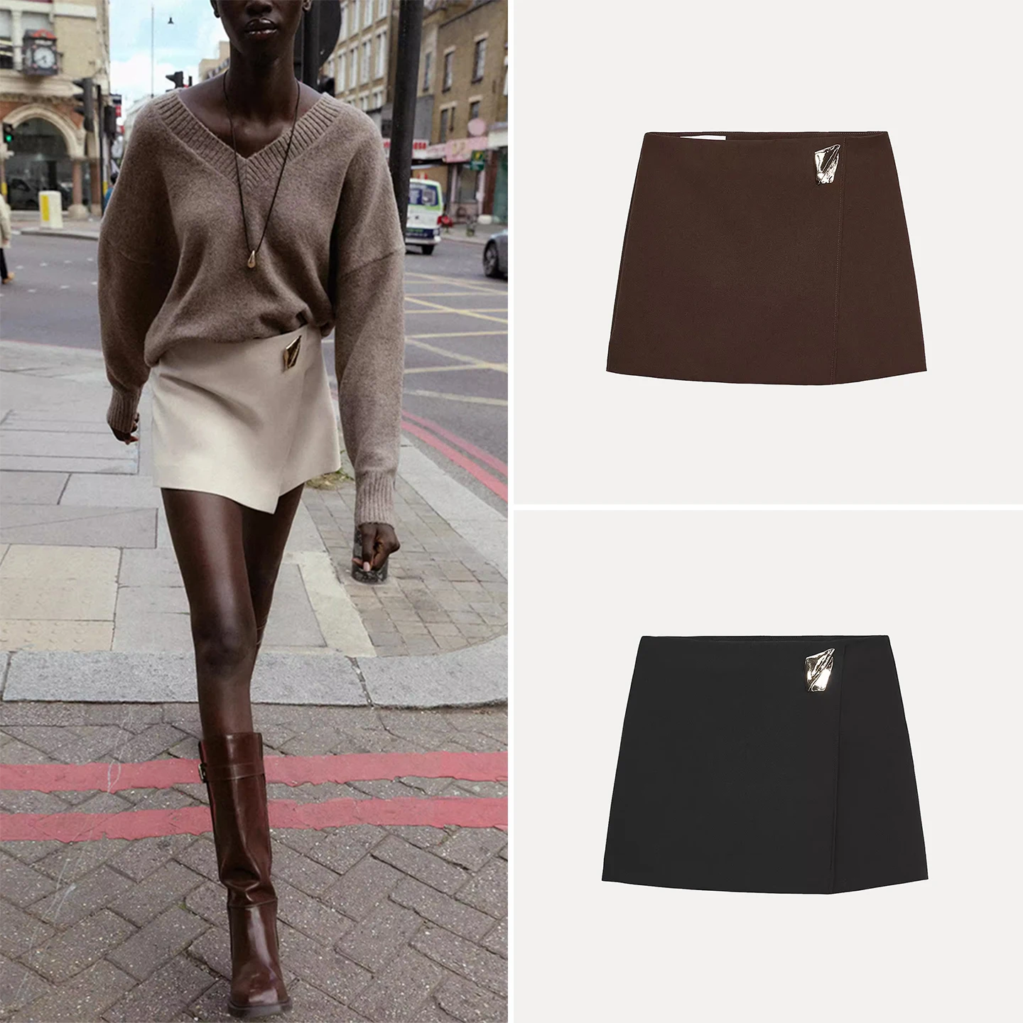 Lässige, dekorative, asymmetrische Damenhose aus Metall, hohe Taille, anderes Material, Damen, Faion, Herbst 2022, Z