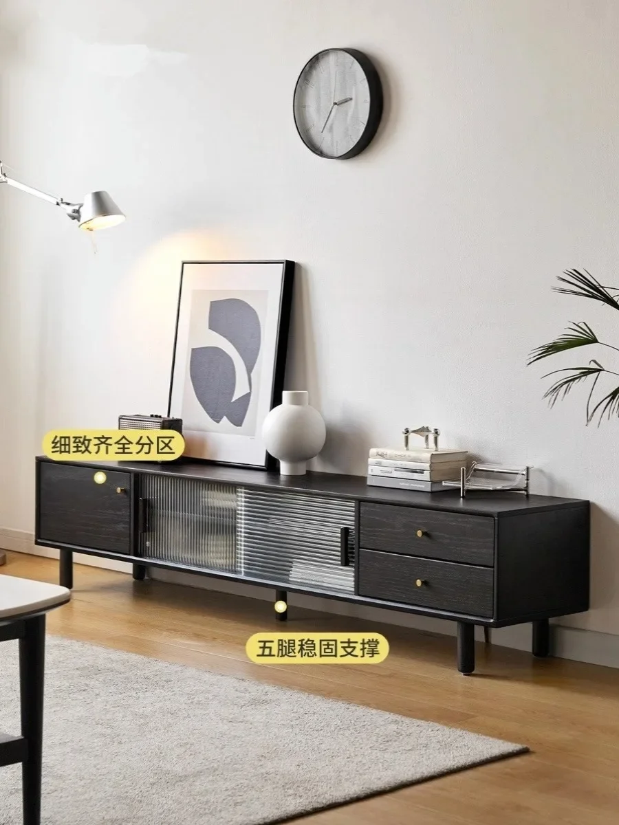 Nordic solid wood black TV cabinet combination small apartment modern simple floor household living room TV cabinet