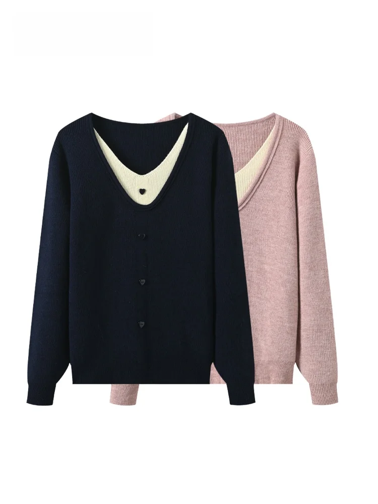 

plus Size Knitted Long Sve Women's Sweater Conceal Meat Pink Lazy Sle V-Ne Fake Two-Piece Autumn Season Korean Sle
