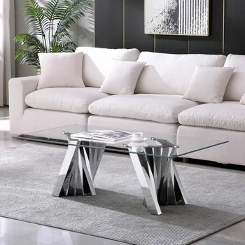 Image Deluxe Silver Glass Coffee Table, Modern 51 Inch Rectangular Center Table with Shiny Mirrored Stainless Steel Base Furniture