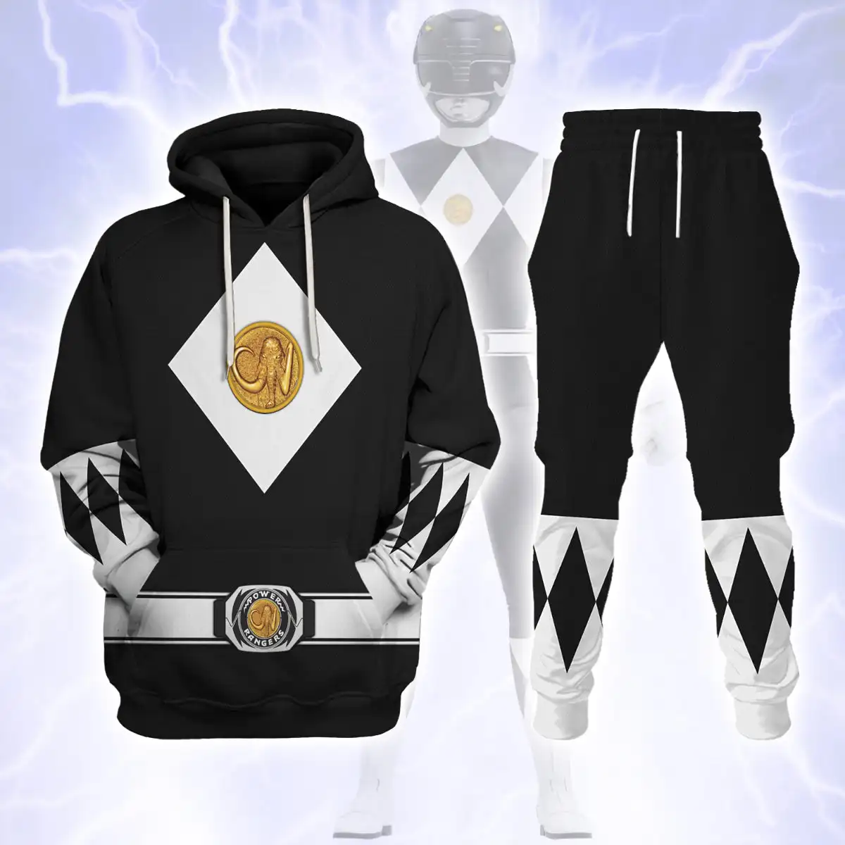 Men's 2-piece Sports Suit, Superhero Role-playing 3D Printed Hoodie and Sweatpants, Black Powerful Ranger Costume
