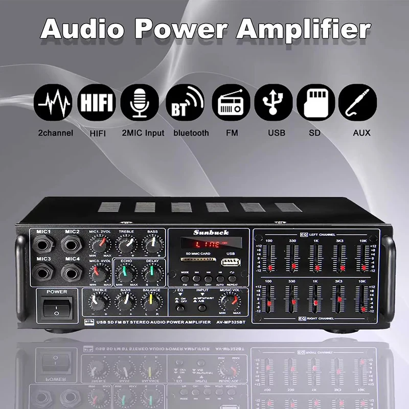 SUNBUCK 325BT Bluetooth Power Amplifiers 110/220V Audio Stereo Digital AMP Support 4 Mic Input USB SD FM AUX With Remote Control