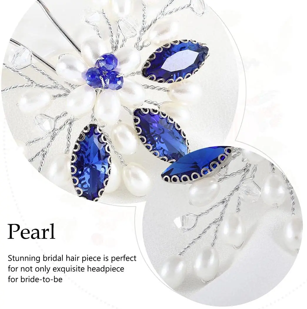 قطعتان من دبابيس شعر الزفاف المصنوعة من حجر الراين الأزرق - شوكة شعر مصنوعة يدويًا على شكل حرف U لأعلى الزفاف، إكسسوارات شعر كريستالية للعروس والام