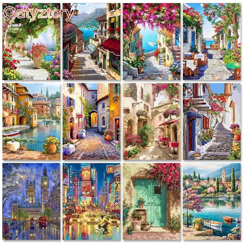 60X75cm Paint By Numbers For Adults Children Seaside Town DIY HandPainted Oil Painting Landscape Picture Home Wall Decor Gift