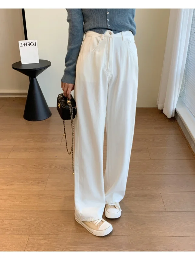 

High Waist Straight Leg Loose Fit Casual White Denim Pants for Women Commute Friendly Versatile Casual Cotton Trousers