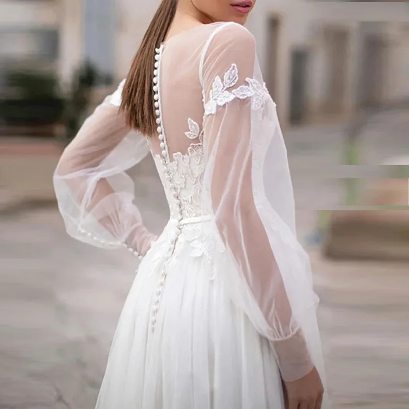 Delicato abito da sposa a-line Appliques a maniche lunghe plissettato in pizzo illusione bottone di fidanzamento Robe De Soirée De Mariage Custom Made