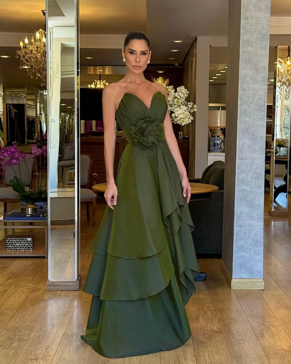 

Customized Matching Classic Handmade Flower Pleat Tiered A-line Sweetheart Long Dresses Evening Dresses Chinese Style Fashion