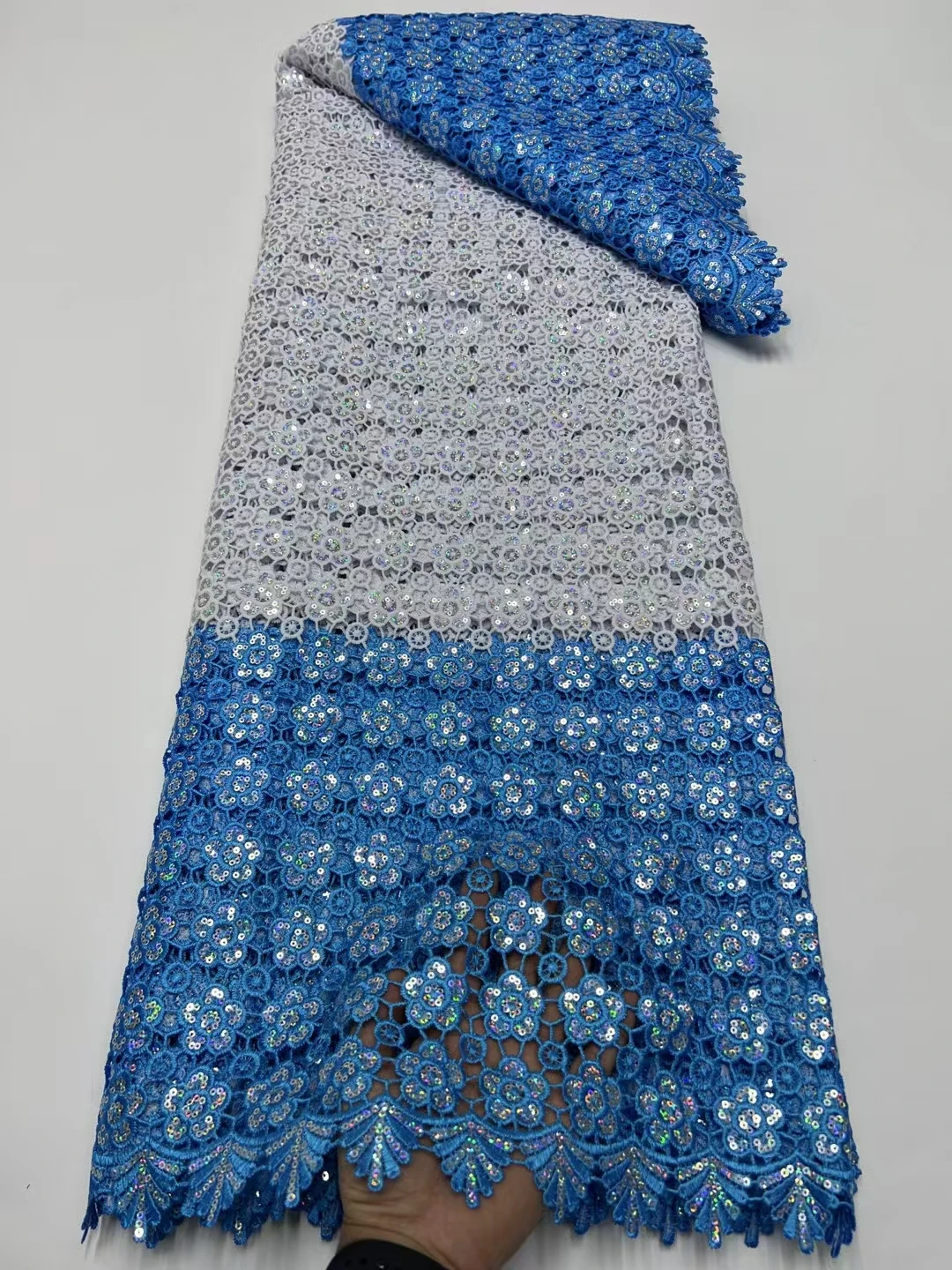 

Latest Sky Blue White Water Soluble Lace Fabric Sequins African Nigerian French Guipure Cord Lace Fabric For Women Dress LR25113