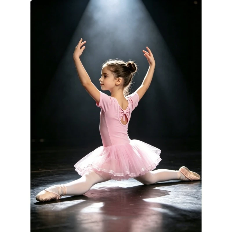 Cotton Kid Bowknot Lyrical Dance Performance Wear with Chiffon Tulle Skirt Short/Long Sleeve Ballet Dress Back Bow Tie Girl Wear