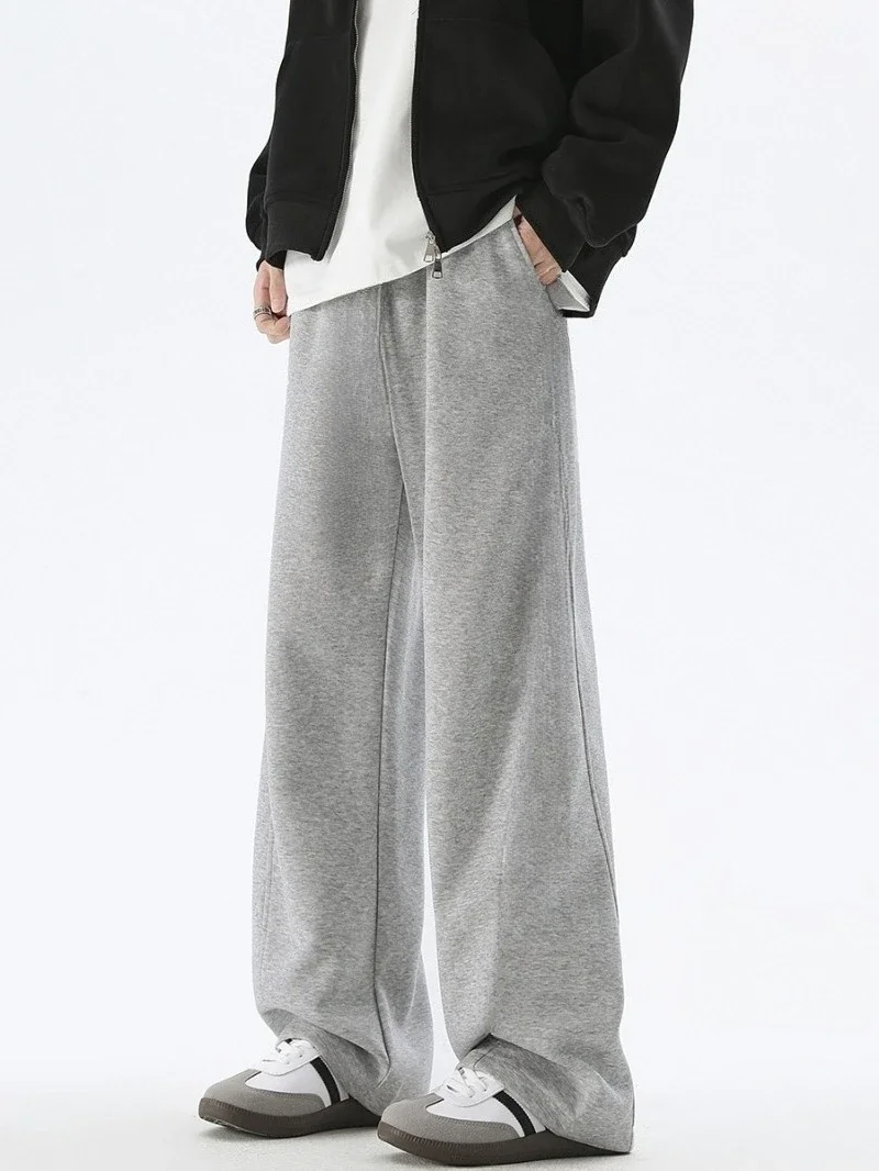 

American-style Curved Casual Trousers for Men, New Autumn Winter Style, Loose Straight Leg Fleece-lined Gray Athletic Sweatpants