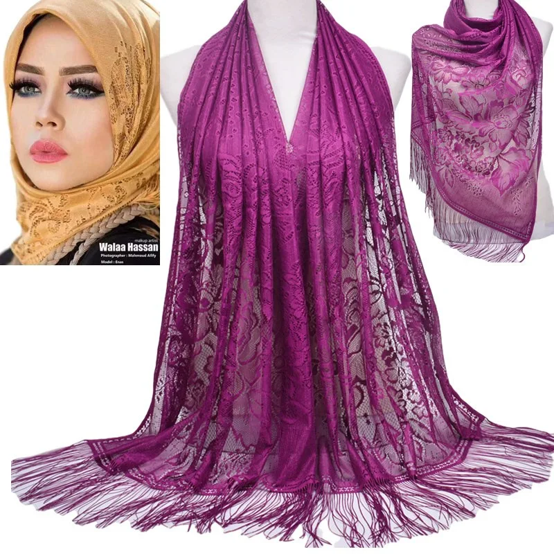 

Lace Scarf Cap Muslim Solid Color Lace Hollow Tassel Silk Scarf Long Scarf Shawl Daily Auspicious Cloud Headscarf 180cm