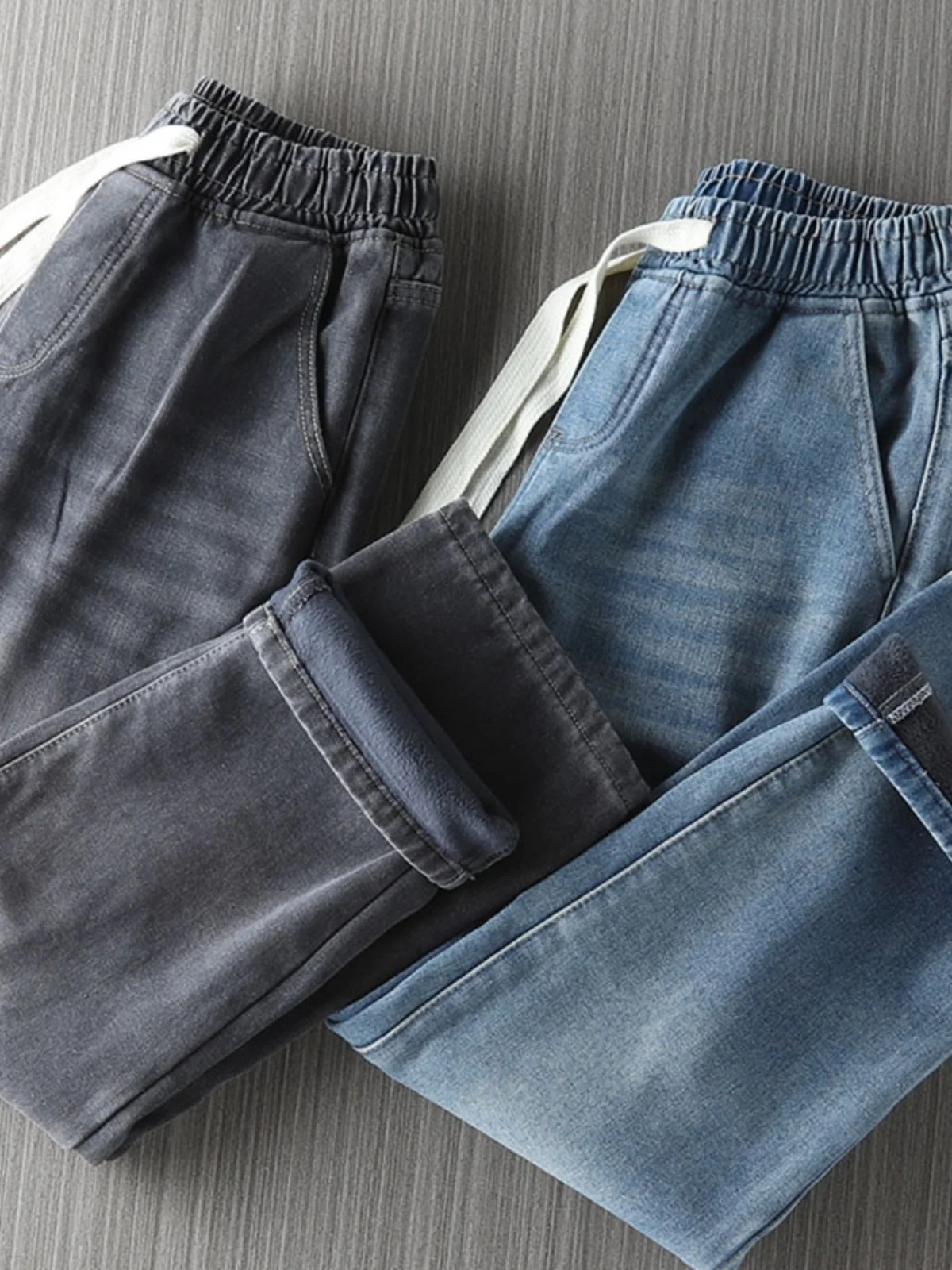 

Retro Washed Drawstring Elastic Waist Jeans Men's Autumn Winter Thickened Fleece Casual Straight Leg Wide Leg Loose Fit Long ...