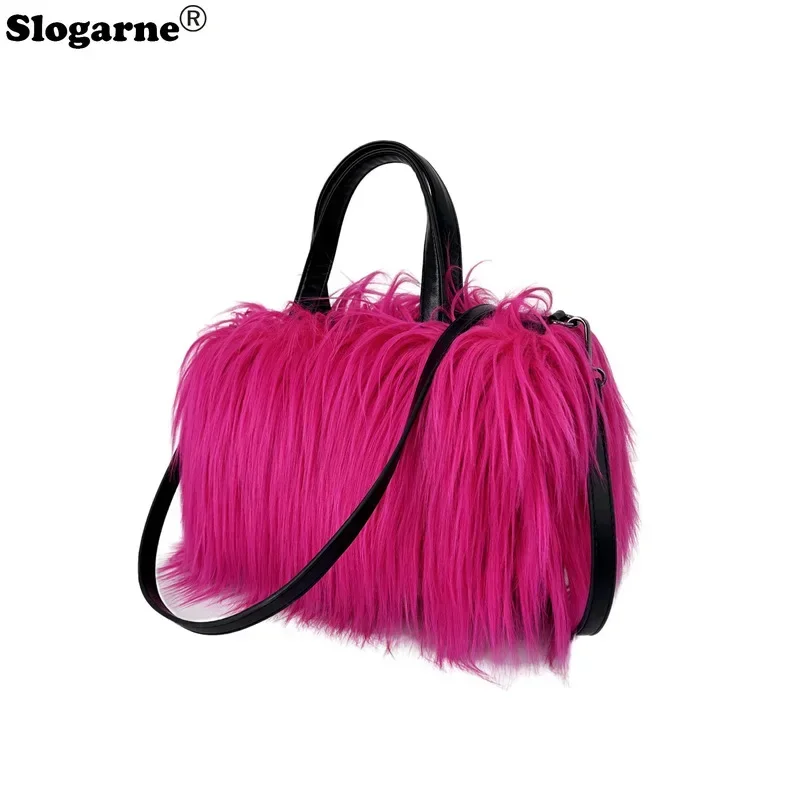 

New Designer Fluffy Plush Shoulder Bag Warm Faux Mongolian Fur Handbags for Women Brands Large Hobo Shopper Heart Shaped Purses