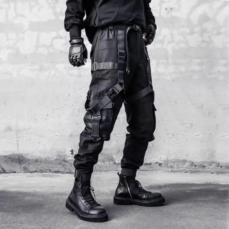 Hip Hop Tactical Pants Men Ribbons Joggers Cargo Trousers 2025 Spring Functional Elastic Waist Fahsion Streetwear Pant Black