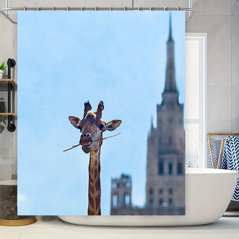 

Modern Bathroom Shower Curtain featuring a giraffe design for your home decor needs Blue sky backdrop with iconic building silho