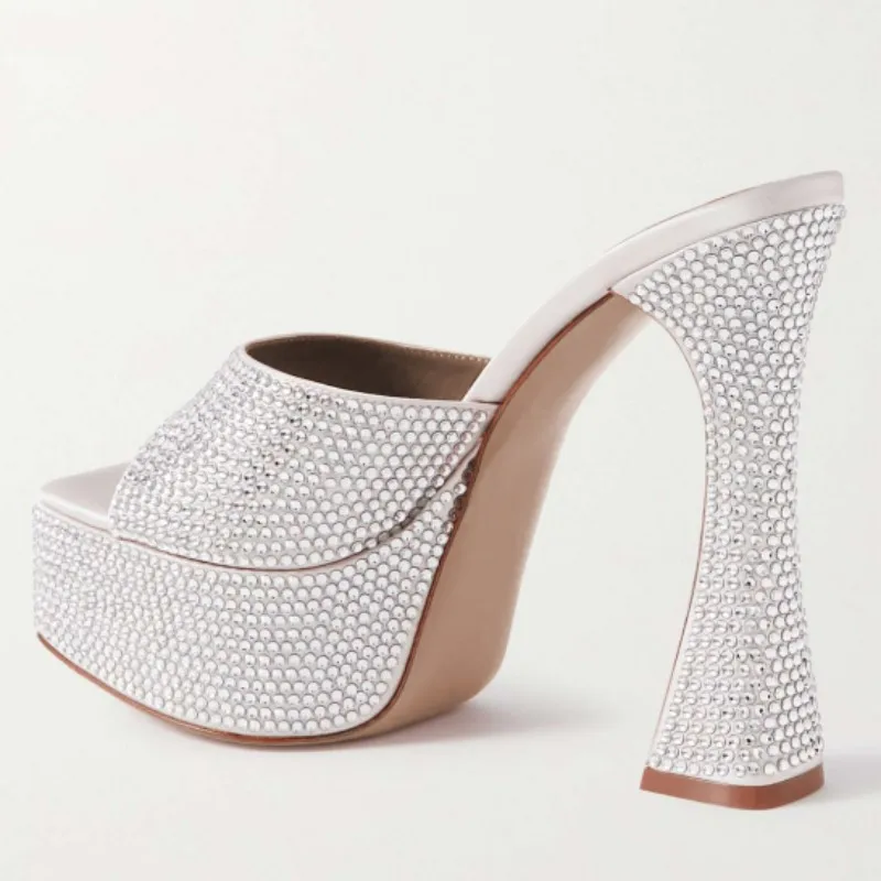 DIZHUANG Sexy women's high-heeled slippers. White suede crystal  slippers. About 15cm heel height. Strange style heels. 34-46