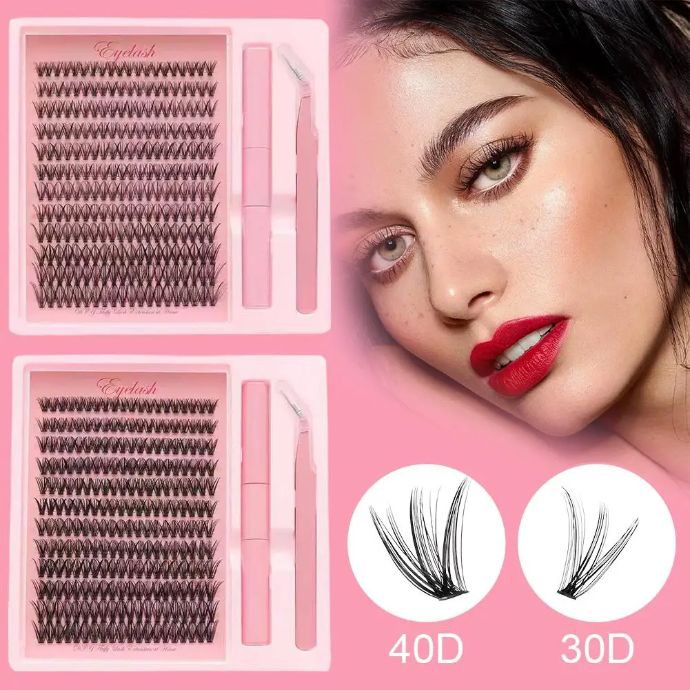 Kit de grupos de pestañas, 12 filas D, pestañas rizadas, kit de extensión de pestañas DIY con unión de pestañas y pinzas (kit 30D 40D 9-16 mm)