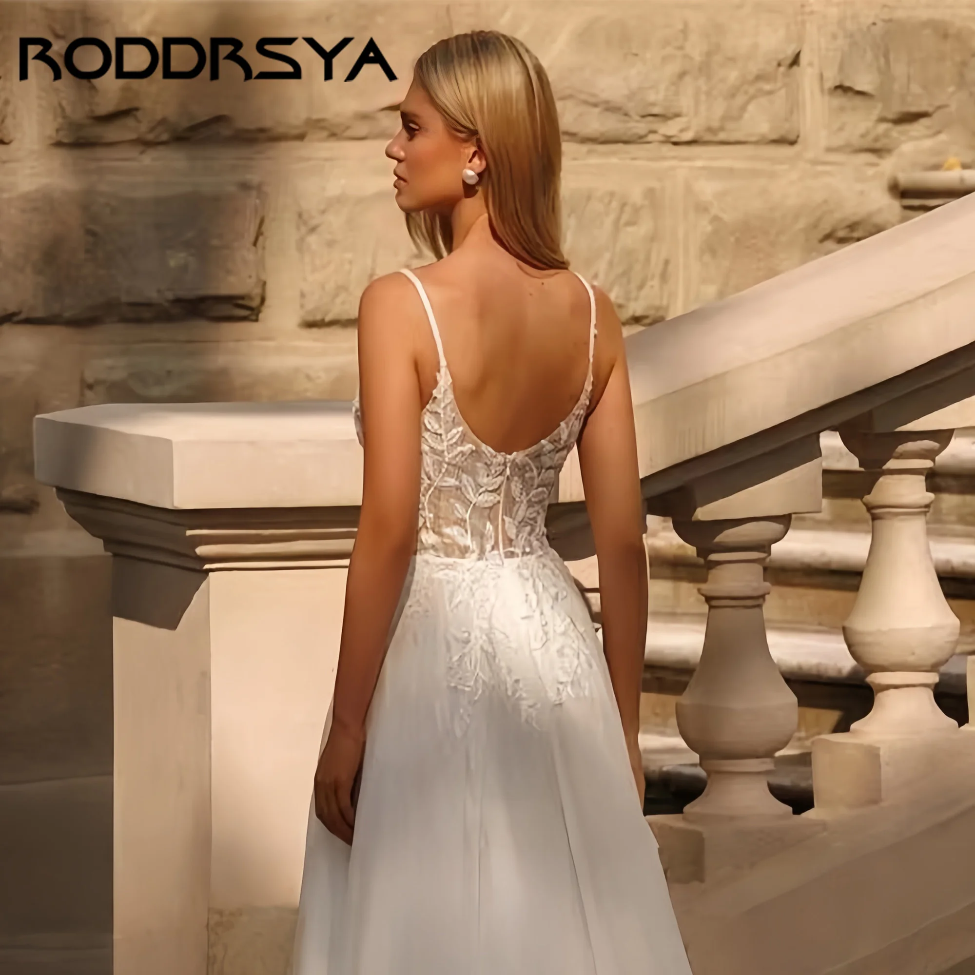RODDRSYA Abiti da sposa classici a-line aperti sul retro Applique alta spacco senza spalline Abito da sposa Vestido De Noiva personalizzato ﻿ RODDRSYA Abiti da sposa classici a linea aperta indietro applicato cinghie a